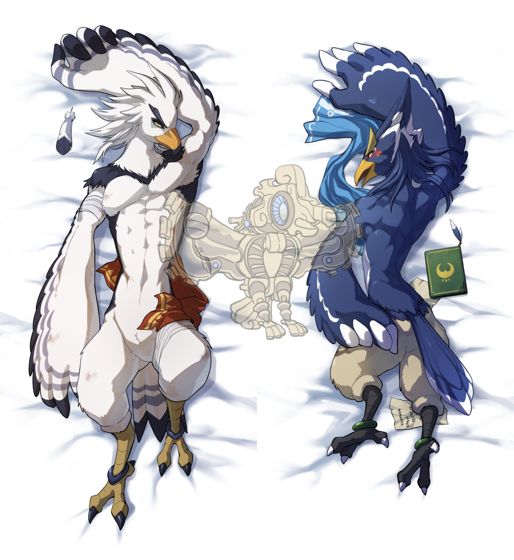 2021 anklet anthro avian back_muscles bandage beak bedding bedding_background biped bird blue_body blue_feathers blush book breath_of_the_wild dakimakura_design digital_media_(artwork) duo eye_markings feathers featureless_crotch high-angle_view ian_rizardon jewelry looking_at_viewer lying male markings multicolored_body multicolored_feathers muscular muscular_anthro muscular_male nintendo nude on_back on_front paper revali rito talons teba_(tloz) the_legend_of_zelda video_games watermark white_body white_feathers winged_arms wings