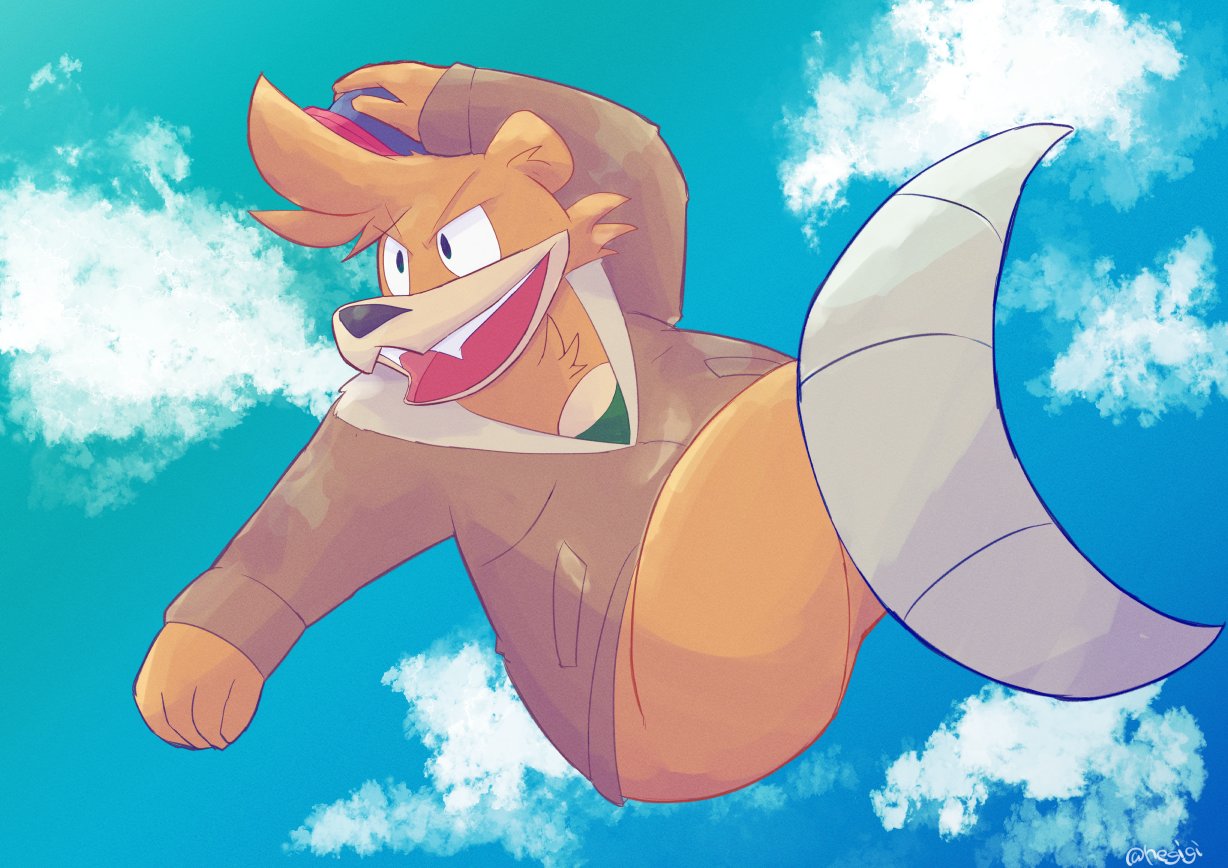 anthro brown_body brown_fur clothing cloud cloudscape disney ducktales ducktales_(2017) fur hat headgear headwear jacket kit_cloudkicker male mammal negigi sky slightly_chubby solo surfing talespin topwear ursid