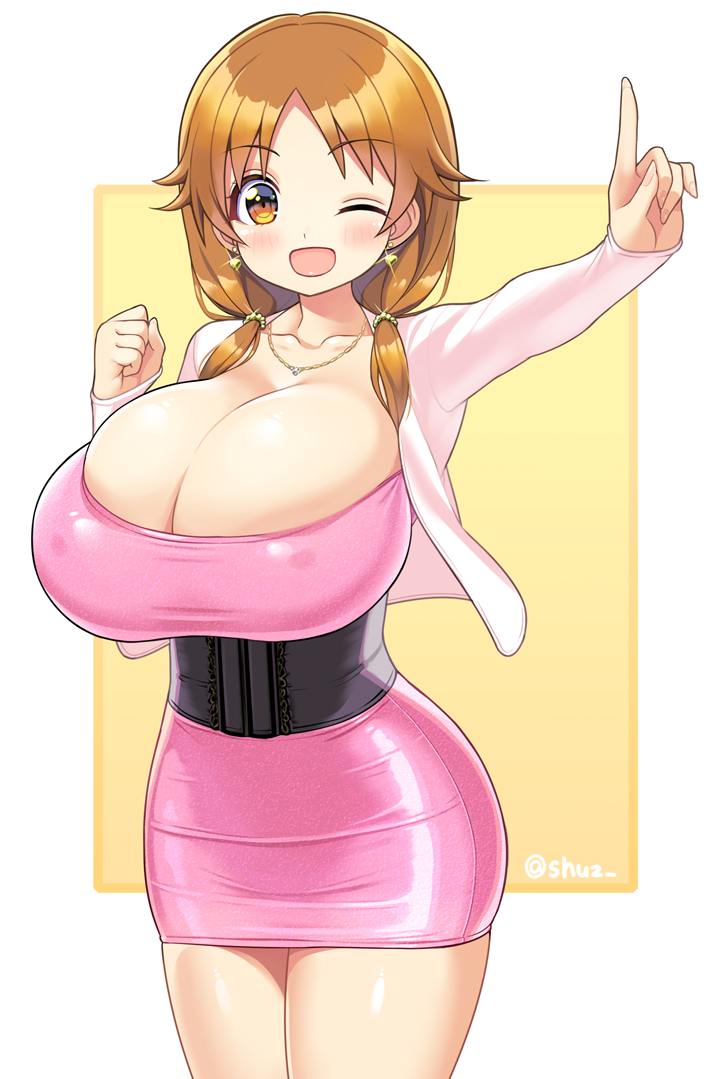 1girl bodycon breasts brown_hair bursting_breasts cleavage cowboy_shot dress framed_breasts huge_breasts idolmaster idolmaster_cinderella_girls katagiri_sanae latex_dress low_twintails microdress one_eye_closed shiny shiny_clothes short_twintails shuz_(dodidu) skin_tight smile solo twintails