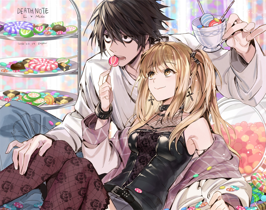 1boy 1girl amane_misa bags_under_eyes bangs black_eyes black_hair black_shirt blonde_hair candy choker cross cross_earrings cup death_note denim earrings empew eyebrows_visible_through_hair feeding fishnet_legwear fishnets food hair_between_eyes hand_on_another's_leg holding holding_candy holding_cup holding_food holding_lollipop indoors jeans jewelry l_(death_note) lollipop long_hair looking_at_another off_shoulder open_mouth pants shirt sitting t-shirt thighhighs twintails white_shirt yellow_eyes