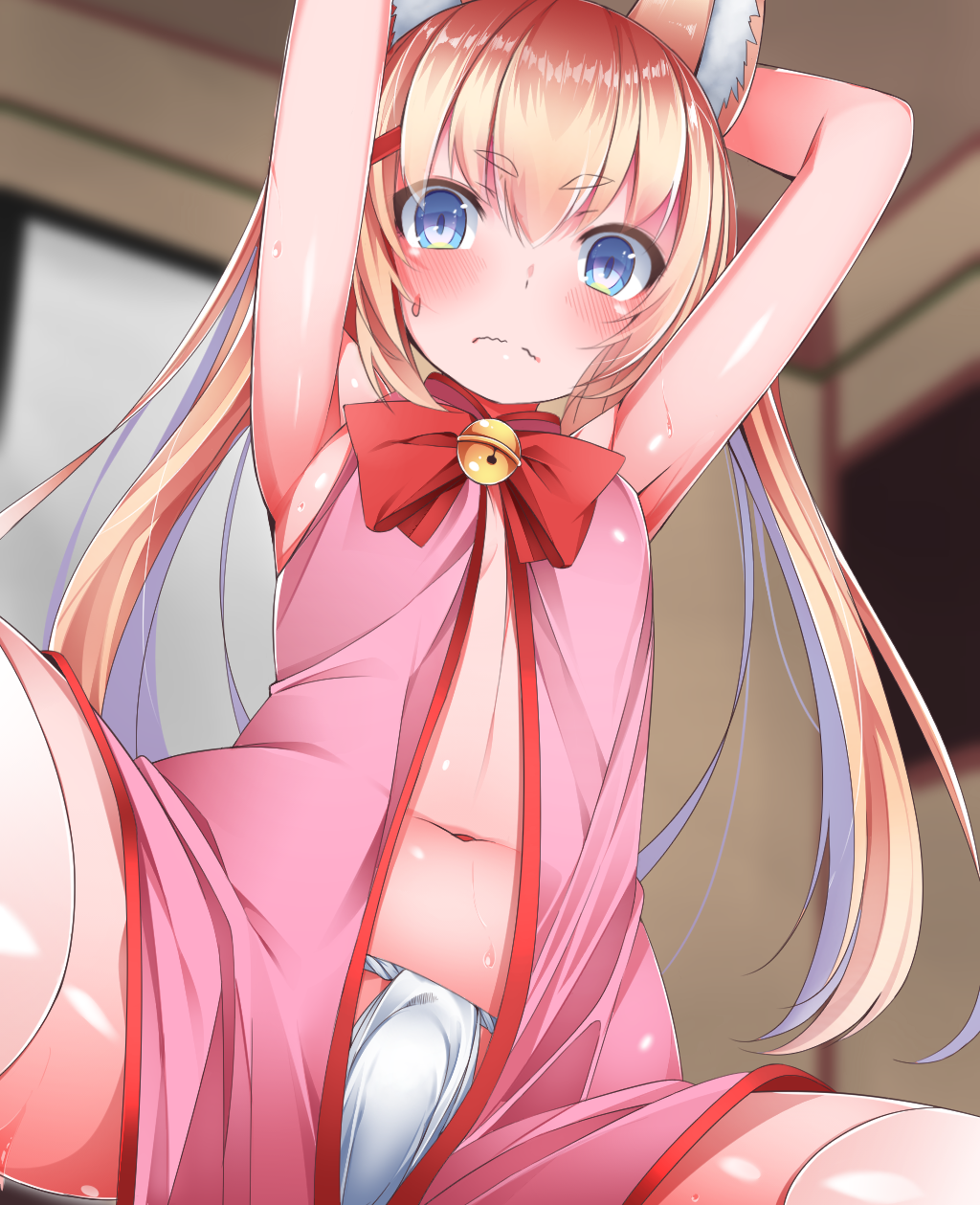 1girl animal_ear_fluff animal_ears armpits arms_up bell blonde_hair blue_eyes blush bow bowtie breasts buta_(uhoiiotoko) closed_mouth commentary_request cowboy_shot eyebrows_visible_through_hair fox_ears fundoshi hair_ornament hairclip highres indoors japanese_clothes jingle_bell kemomimi_oukoku_kokuei_housou long_hair looking_at_viewer mikoko_(kemomimi_oukoku_kokuei_housou) navel red_bow red_neckwear shiny shiny_hair shiny_skin small_breasts solo thighhighs twintails virtual_youtuber wavy_mouth white_legwear