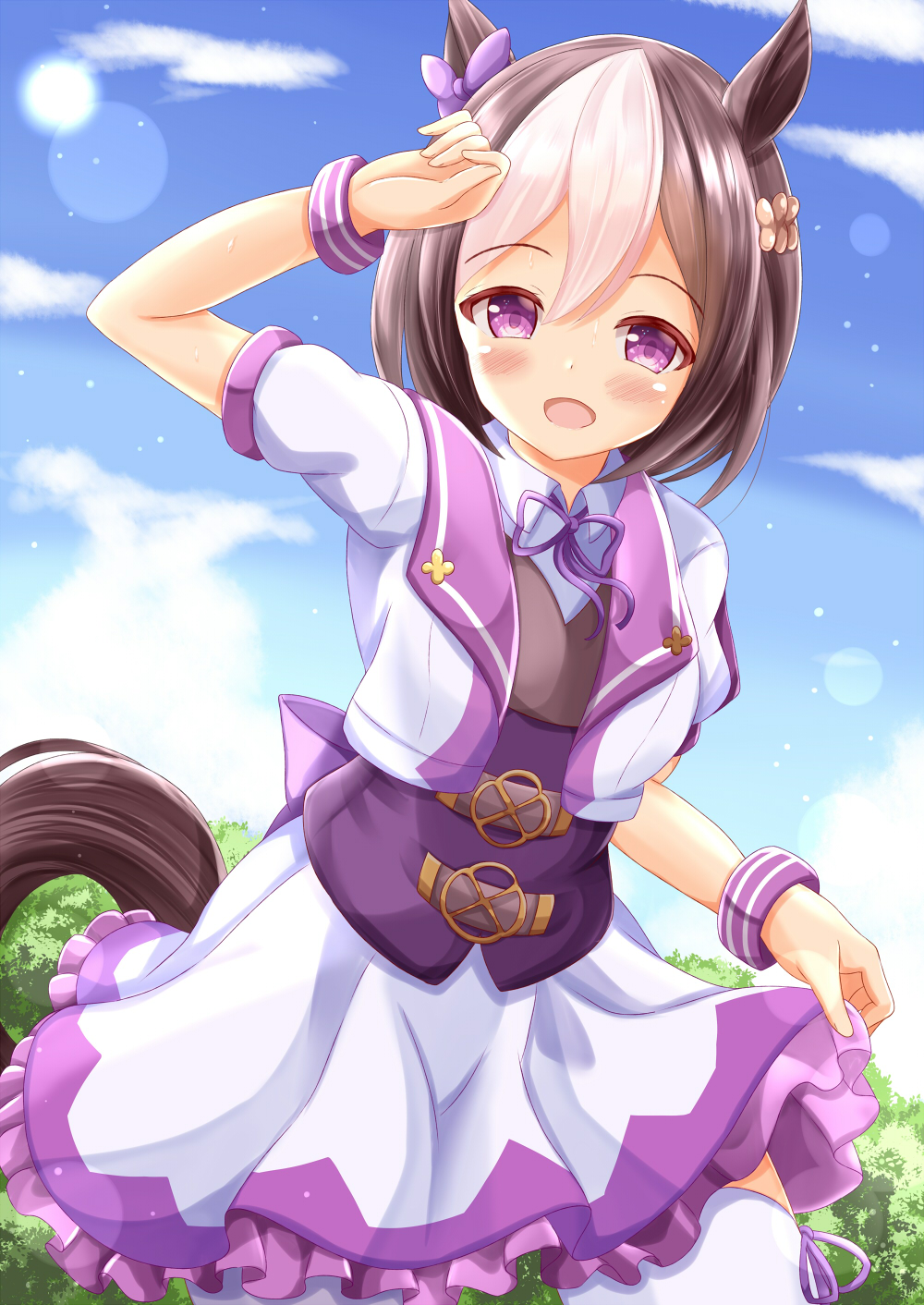 1girl :d animal_ears arm_up bangs black_hair blue_sky blush braid cloud collared_shirt commentary_request day eyebrows_visible_through_hair frilled_skirt frills hair_between_eyes highres horse_ears horse_girl horse_tail jacket looking_at_viewer multicolored_hair neck_ribbon open_clothes open_jacket open_mouth outdoors purple_eyes purple_ribbon purple_vest ribbon shirt skirt sky smile solo special_week tail thighhighs two-tone_hair umamusume vest white_hair white_jacket white_legwear white_shirt white_skirt zenon_(for_achieve)