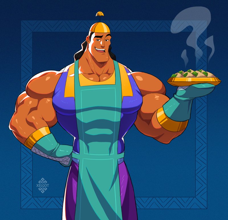 apron artist_name bara blue_background clothing_request collarbone english_commentary food gloves gradient gradient_background green_apron green_gloves hand_on_hip holding holding_plate kronk looking_at_viewer male_focus mittens muscular muscular_male open_mouth plate shiny shiny_skin smile solo the_emperor's_new_groove upper_teeth xelgot