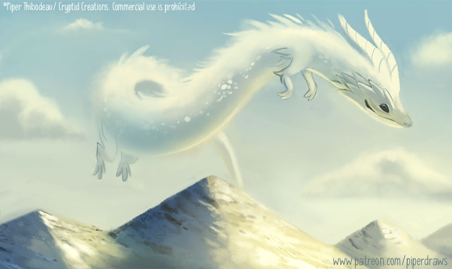 2021 ambiguous_gender beady_eyes black_eyes cloud cryptid-creations dragon feral flying fur furred_dragon horn mountain outside scales sky smile solo text url white_body white_fur white_scales