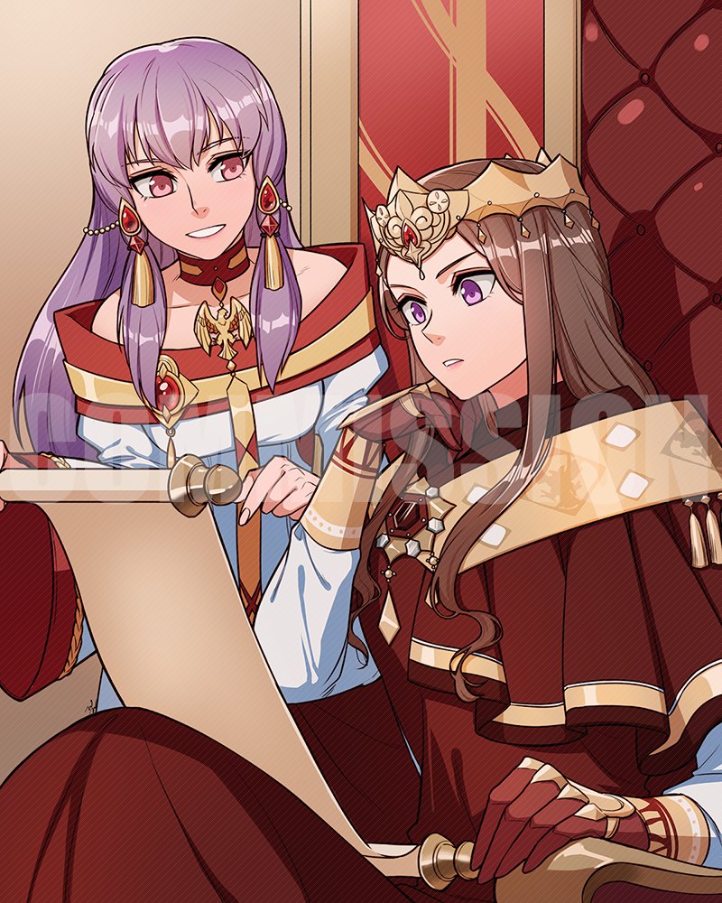 2girls alternate_color banned_artist book breasts brown_hair closed_mouth drawingddoom dress edelgard_von_hresvelg fire_emblem fire_emblem:_three_houses hair_ornament horns jewelry long_hair long_sleeves lysithea_von_ordelia multiple_girls open_mouth pink_eyes purple_eyes purple_hair simple_background smile upper_body