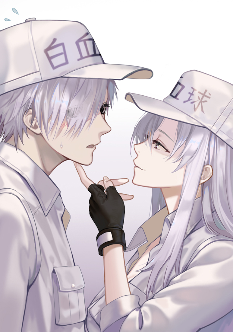 1boy 1girl black_gloves blush finger_to_another's_chin fingerless_gloves gloves hair_over_one_eye hand_up hat hataraku_saibou hataraku_saibou_black hetero long_hair peach_luo pocket shirt short_hair simple_background sweatdrop u-1146 u-1196 upper_body white_blood_cell_(hataraku_saibou) white_headwear white_shirt