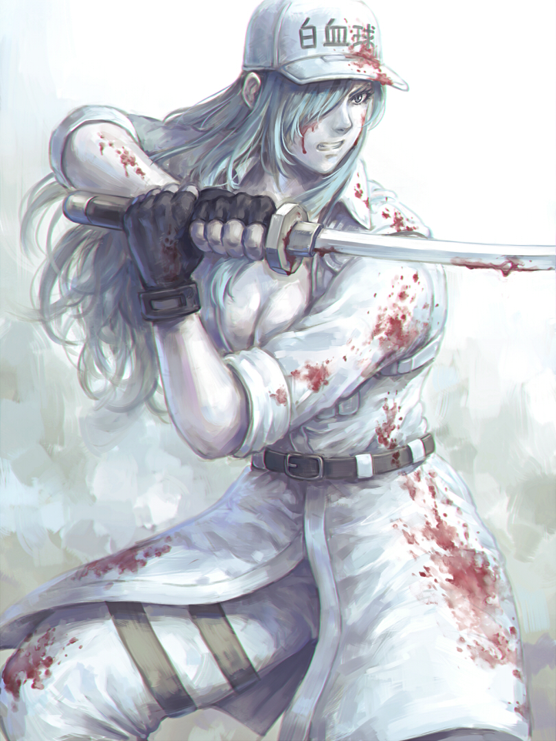 1girl baseball_cap black_gloves blood bloody_clothes bloody_weapon breasts cleavage eply fighting_stance fingerless_gloves gloves hair_over_one_eye hat hataraku_saibou hataraku_saibou_black holding holding_sword holding_weapon long_hair pale_skin shirt silver_hair standing sword thigh_strap u-1196 weapon white_blood_cell_(hataraku_saibou) white_headwear white_shirt
