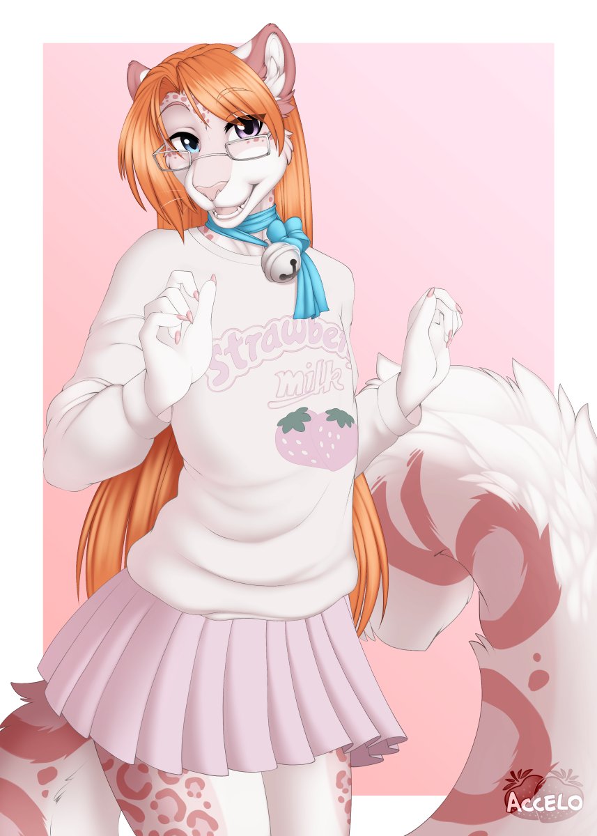 accelo accelo_(character) anthro baggy_clothing baggy_sweater baggy_topwear bell bell_collar big_tail blue_eyes border bottomwear brown_body brown_ears brown_fur brown_spots claws clothed clothing collar colored_nails cute_fangs english_text eyewear felid fluffy fluffy_tail food fruit fully_clothed fur girly glasses hair heterochromia hi_res leopard_spots long_hair long_tail male mammal meme meme_clothing nails orange_hair pantherine pink_background pink_body pink_claws pink_ears pink_fur pink_nose pink_spots plant ribbons signature simple_background skirt smile snow_leopard solo spots strawberry sweater teeth text topwear watermark white_body white_border white_ears white_fur