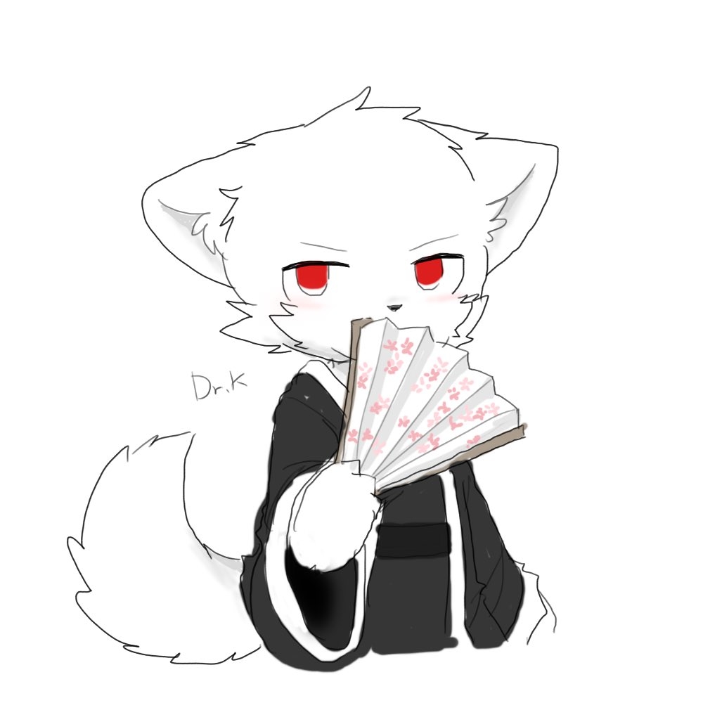 anthro blush canid canine canis changed_(video_game) chano clothing dr._k_(changed) fan_(disambiguation) fur holding_object looking_at_viewer male mammal name_tag red_eyes robe simple_background solo white_background white_body white_fur wolf