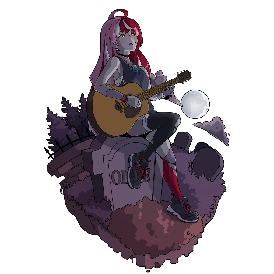 1girl ahoge alternate_hairstyle bandaged_arm bandages black_choker black_footwear black_legwear black_shirt brick_wall character_name choker cloud dirt earrings english_commentary fisheye full_moon graveyard guitar hair_down heterochromia holding holding_instrument hololive hololive_indonesia instrument ironwork jewelry kureiji_ollie leg_lift long_hair looking_up mismatched_legwear moon morningpanda multicolored_hair music necklace night open_mouth outdoors patchwork_skin playing_instrument red_eyes red_legwear shirt shoes sitting sitting_on_object sleeveless sleeveless_shirt sneakers solo thighhighs tombstone torn_clothes torn_legwear transparent_background tree udin_(kureiji_ollie) upper_teeth very_long_hair yellow_eyes