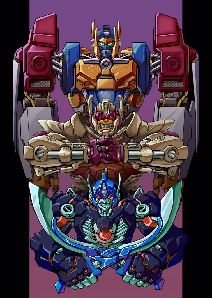 3boys beast_machines beast_wars clenched_teeth ct990413 dual_wielding evolution hands_together holding holding_sword holding_weapon looking_down looking_to_the_side maximal mecha multiple_boys no_humans open_hands optimal_optimus optimus_primal orange_eyes red_eyes science_fiction sword teeth transformers weapon yellow_eyes