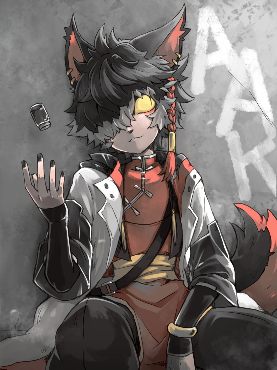 aak_(arknights) anthro arknights black_body black_hair black_nose braided_hair clothed clothing felid fur hair hi_res hypergryph looking_away male mammal multicolored_body multicolored_fur pupils red_body red_fur red_hair short_hair sitting slit_pupils solo studio_montagne video_games white_body zebra_vz