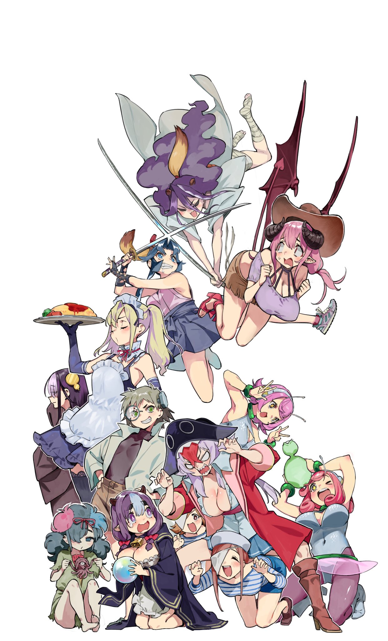 +_+ 6+girls all_fours angry antennae apron bare_shoulders barefoot bell bent_over between_legs blank_eyes blonde_hair blue_eyes blue_hair bolt boots breasts breasts_apart bright_pupils brown_hair character_request choker cleavage cleavage_cutout clenched_teeth closed_eyes clothing_cutout clutter constricted_pupils covered_navel cowboy_hat creature curly_hair demon_tail eyepatch fighting food frills full_body glint green_eyes grin hair_between_eyes hair_over_one_eye halterneck hanging_breasts hat headphones high_heels highres holding horns huge_breasts japanese_clothes katana kneeling labcoat lace-trimmed_legwear lace_trim large_breasts long_hair looking_at_another looking_at_viewer maid maid_headdress monocle multicolored_hair multiple_girls neck_bell nonco one_eye_closed orb original pink_footwear pink_hair pirate_hat playboy_bunny pleated_skirt profile purple_eyes purple_hair sailor_hat sashimi scoop_neck sharp_teeth shiny shiny_clothes shirt short_hair shorts simple_background skirt smile standing streaked_hair striped striped_shirt surprised sweatdrop sword sword_fight tail teeth thighhighs turtleneck twintails wavy_hair wavy_mouth weapon wings youkai_izakaya_nonbereke