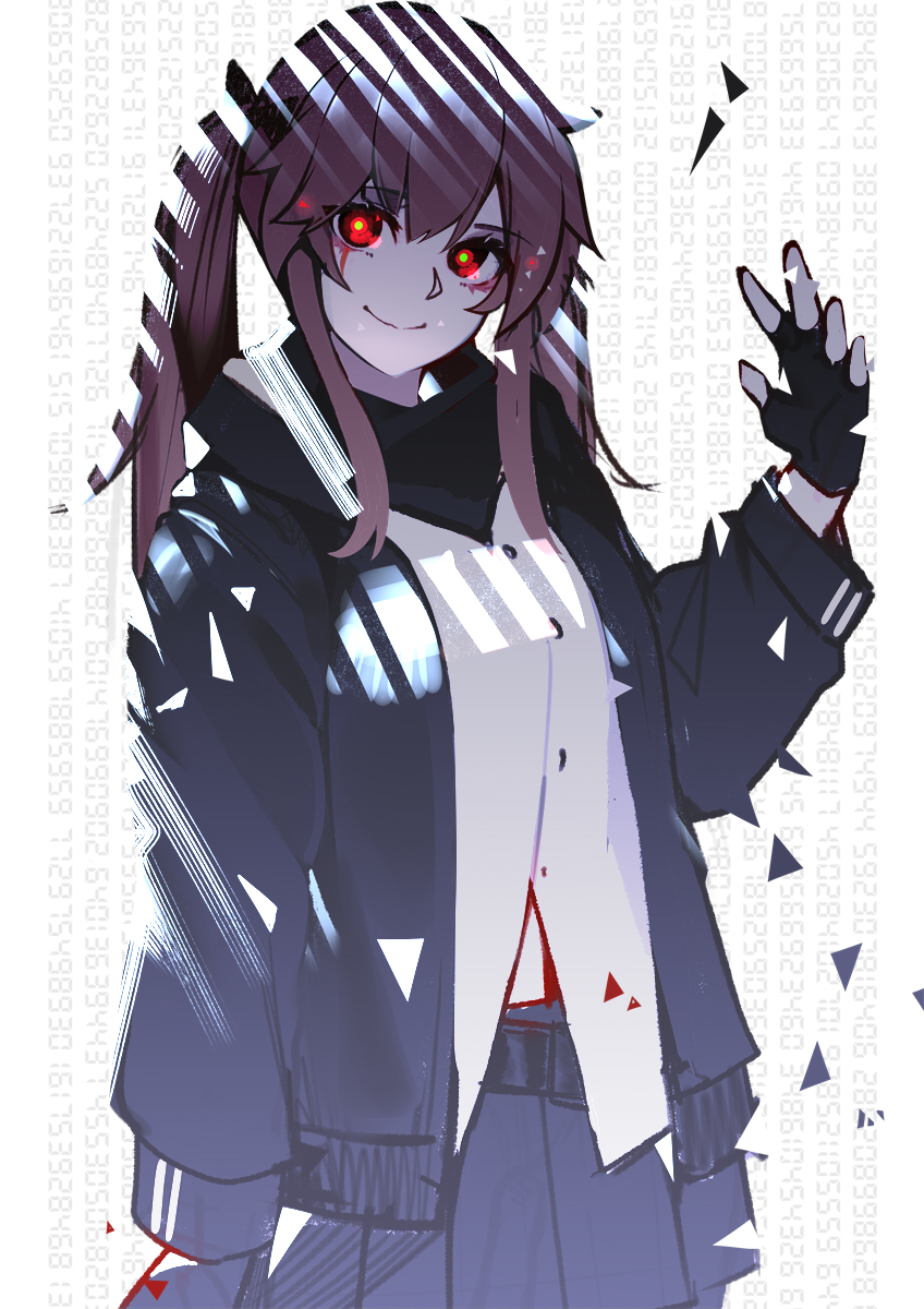 1girl bangs black_gloves black_jacket black_scarf black_skirt brown_hair closed_mouth commentary_request eyebrows_visible_through_hair fingerless_gloves girls_frontline gloves hand_up highres jacket long_hair looking_at_viewer red_eyes scarf shirt simple_background skirt smile solo standing twintails ump9_(girls_frontline) warashi white_shirt