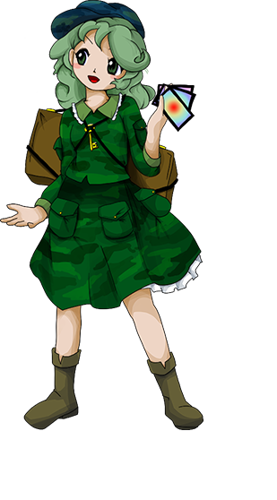 1girl :d backpack bag blush_stickers boots dress eyebrows_behind_hair flat_cap frilled_shirt_collar frills green_dress green_eyes green_hair hat head_tilt kappa key open_mouth petticoat pocket rainbow_gradient smile solo spell_card touhou unconnected_marketeers wavy_hair yamashiro_takane zun_(artist)