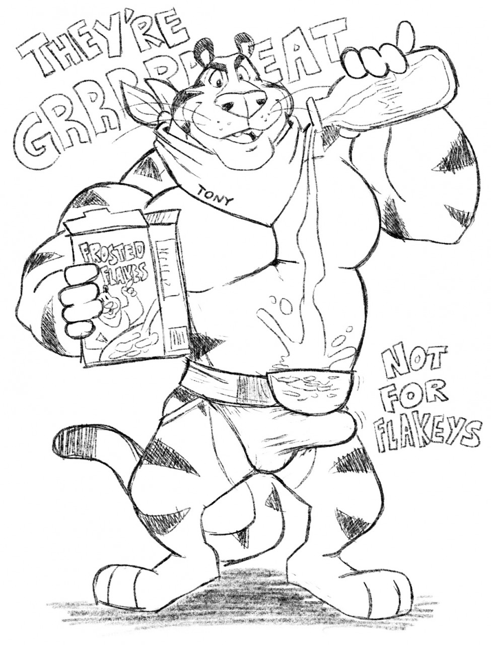 anthro box cereal character_name clothing english_text erection felid food frosted_flakes gabshiba hi_res jockstrap kellogg's kerchief male mammal mascot milk monochrome muscular muscular_male open_mouth packaging pantherine shadow smile solo teeth_showing text tiger tiger_stripes tongue_showing tony_the_tiger underwear whiskers