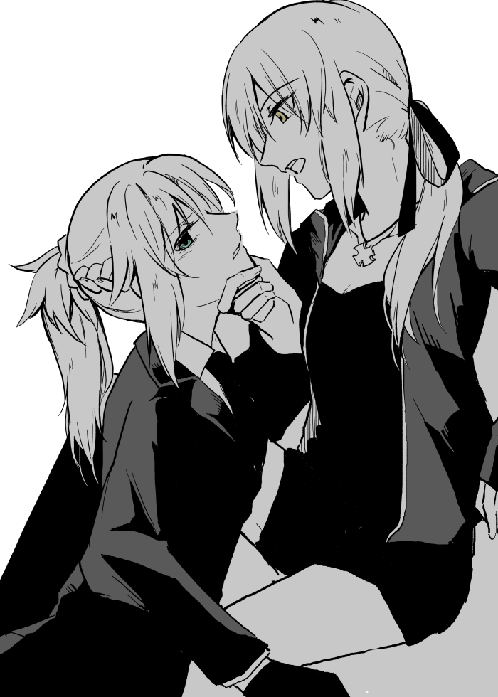 2girls artoria_pendragon_(all) black_jacket black_shirt black_suit chin_grab fate/apocrypha fate/grand_order fate/stay_night fate_(series) formal headband incest jacket jewelry looking_at_another looking_away mordred_(fate) mordred_(fate)_(all) mother_and_daughter multiple_girls necklace open_mouth ponytail saber_alter shirt sooru0720 suit yuri