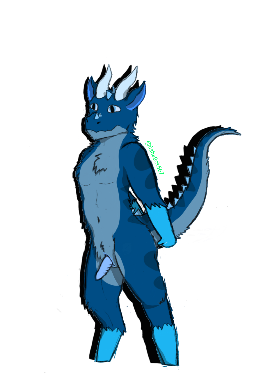 anthro blue_body blue_fur dragon fishstick567 fishstick_(character) fur furred_dragon genitals hi_res horn male nude penis penis_tip presenting scales slit solo thick_tail
