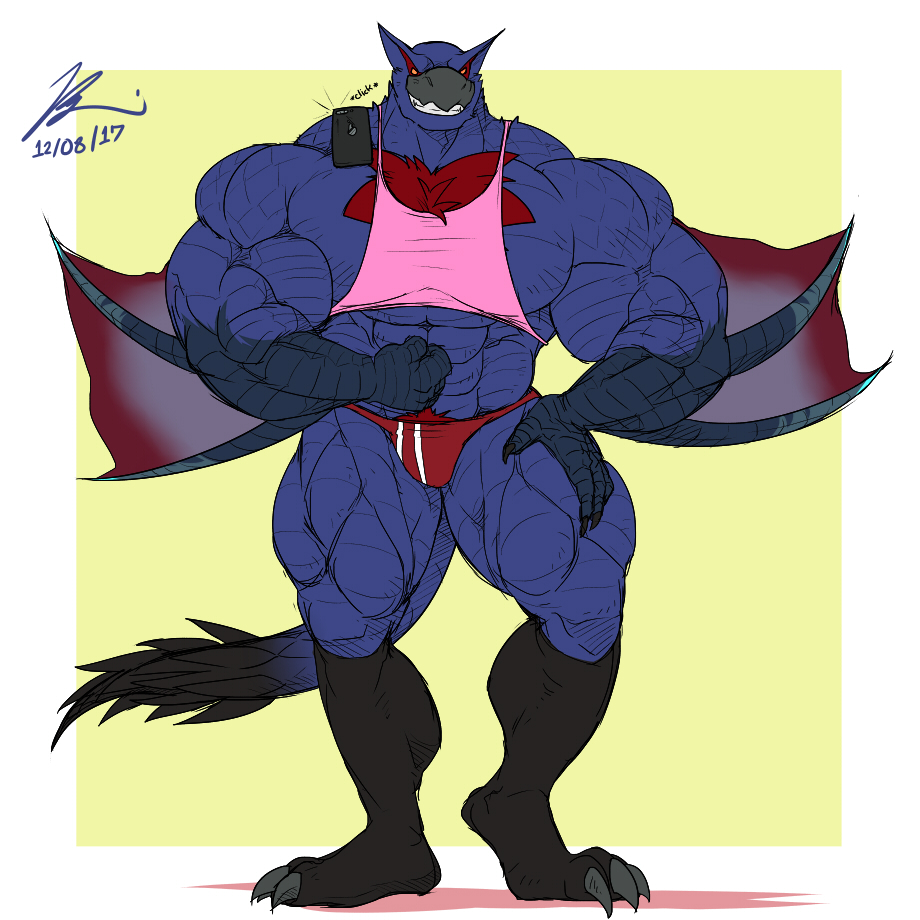 abs anthro biceps blue_body body_hair capcom cellphone chest_hair claws clothing flammars flexing flying_wyvern hair male monster monster_hunter muscular muscular_anthro muscular_male nargacuga pecs phone pose red_hair selfie shirt smartphone smile smirk solo tank_top teeth topwear video_games winged_arms wings yongdasom