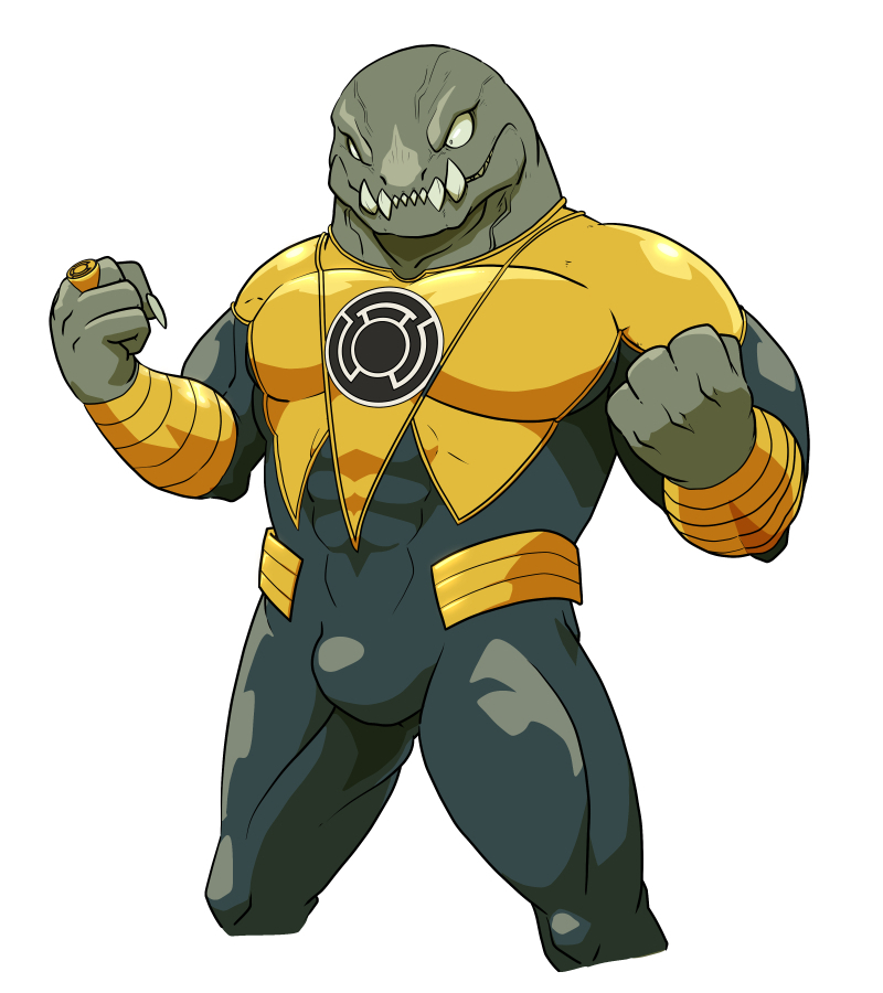 alien anthro arkillo clothing green_lantern_(series) grey_body grey_skin lizardman_(artist) male muscular muscular_anthro muscular_male ring solo spandex tight_clothing tusks villainous yellow_lantern