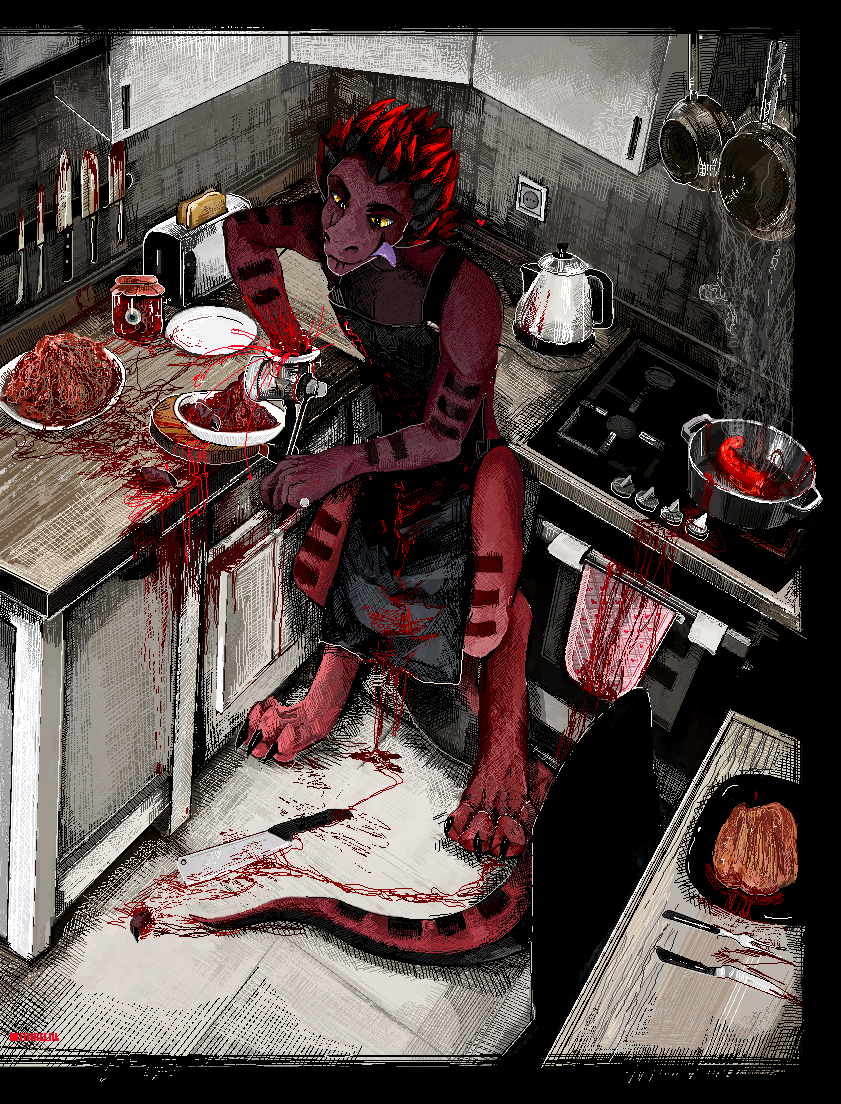 &lt;3 anthro black_body black_fur black_hair black_scales blood blood_on_clothing blood_on_hand blood_splatter bodily_fluids box bread claws clothed clothing cookware detailed detailed_background digital_media_(artwork) dismemberment eyeball food frying_pan fur furniture gore hair happy holding_object inside jeffusherb kitchen kitchen_utensils knife looking_pleasured male markings multicolored_body multicolored_hair multicolored_scales partially_clothed pixel_(artwork) red_body red_scales scales scalie smile solo standing striped_body stripes table toast toaster tongue tongue_out tools two_tone_body two_tone_hair two_tone_scales