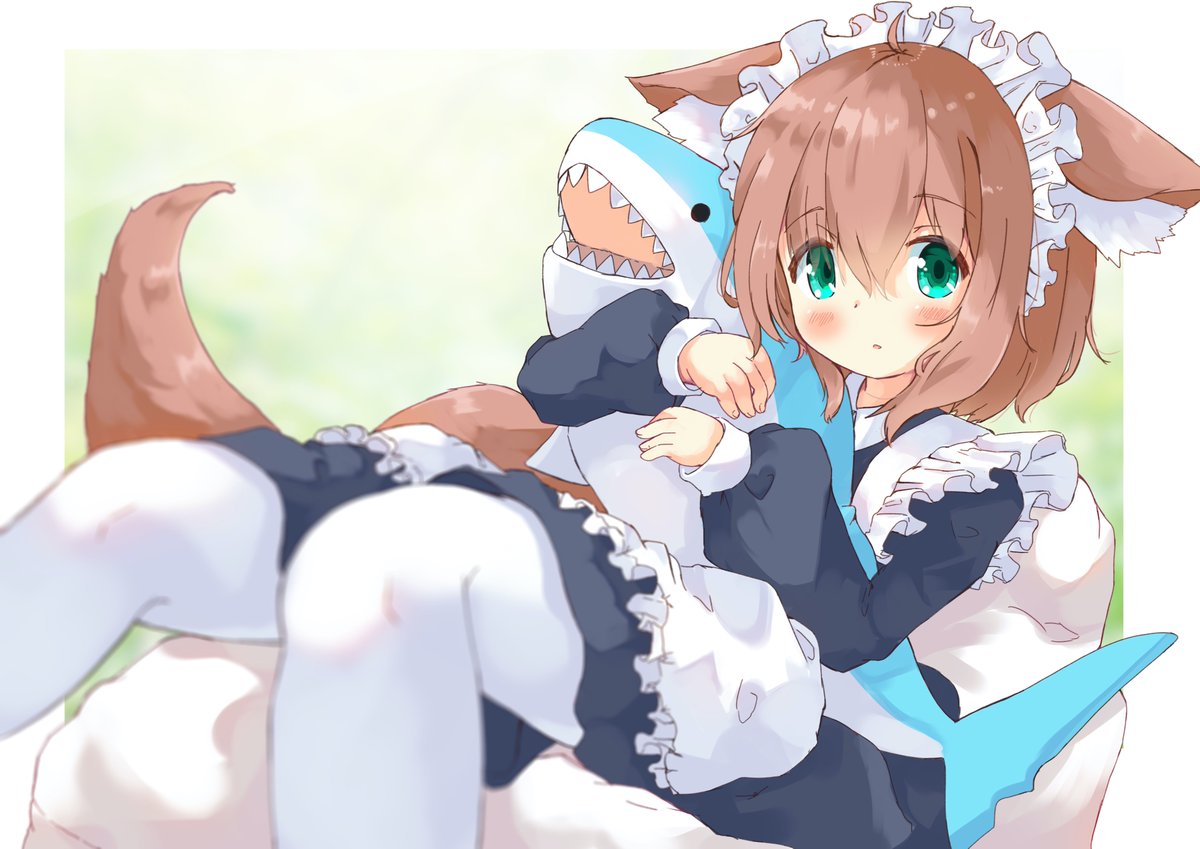 1girl animal_ears apron black_dress blush brown_hair collared_dress commentary_request dress feet_out_of_frame frilled_apron frills green_eyes long_sleeves looking_at_viewer lying maid maid_headdress manabe_mana object_hug on_back original pantyhose parted_lips puffy_long_sleeves puffy_sleeves sleeves_past_wrists solo stuffed_animal stuffed_shark stuffed_toy tail white_apron white_legwear