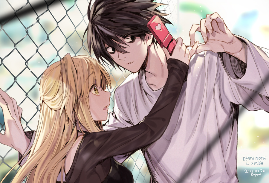1boy 1girl amane_misa artist_name bangs black_eyes black_hair black_shirt blonde_hair brown_eyes cellphone chain-link_fence character_name copyright_name dated death_note empew eyebrows_visible_through_hair fence flip_phone hair_between_eyes holding holding_phone l_(death_note) long_hair looking_at_another open_mouth parted_lips phone shirt t-shirt white_shirt