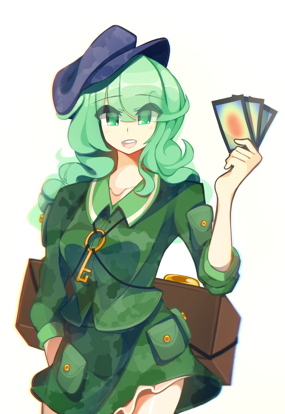 1girl :d bangs blue_headwear box breasts cabbie_hat camouflage camouflage_shirt camouflage_skirt card collarbone commentary_request cowboy_shot eyebrows_visible_through_hair eyes_visible_through_hair green_eyes green_hair green_shirt green_skirt hand_in_pocket hand_up hat highres holding holding_card kaliningradg key light_blush long_hair looking_at_viewer open_mouth petticoat rainbow_gradient shirt simple_background skirt skirt_set sleeves_past_elbows small_breasts smile solo standing swept_bangs tilted_headwear touhou white_background yamashiro_takane
