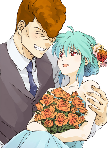 1boy 1girl :d bangs blue_dress blue_hair blue_neckwear bouquet brown_hair carrying closed_eyes collarbone collared_shirt couple dress eyebrows_visible_through_hair flower grey_vest grin hair_between_eyes hair_flower hair_ornament hetero holding holding_bouquet husband_and_wife imuro kuwabara_kazuma long_sleeves necktie open_mouth orange_flower princess_carry red_eyes red_flower shiny shiny_hair shirt simple_background sleeveless sleeveless_dress smile strapless strapless_dress tied_hair vest wedding_dress white_background white_shirt wing_collar yukina_(yuu_yuu_hakusho) yuu_yuu_hakusho