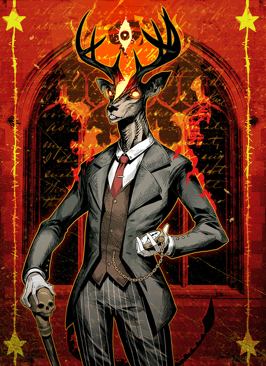 abstract anthro antlers baring_teeth black_suit bone cane cervid clock clothing cross-hatching demon fire genzoman gloves glowing glowing_eyes handwear hatching_(art) hi_res horn male mammal necktie pocketwatch red_background red_necktie religious_motif religious_symbols shaded simple_background skull solo star teeth three_piece_suit topwear vest watch white_clothing white_gloves