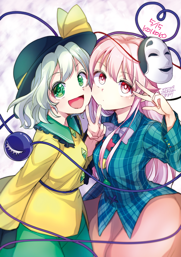 2girls :d blue_shirt bow bowtie cheek-to-cheek collared_shirt cowboy_shot dated eyebrows_visible_through_hair frilled_shirt_collar frills green_eyes green_hair green_skirt hat hat_ribbon hata_no_kokoro heart heart_of_string komeiji_koishi long_sleeves looking_at_viewer mask mask_on_head mikagami_hiyori multiple_girls noh_mask open_mouth pink_eyes pink_hair pink_neckwear pink_skirt plaid plaid_shirt ribbon sanpaku shirt signature skirt smile star_(symbol) third_eye touhou v yellow_ribbon yellow_shirt