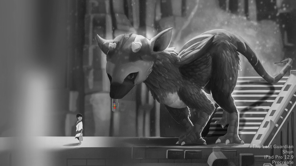 16:9 ambiguous_gender avian detailed_background digital_media_(artwork) duo feral greyscale gryphon horn human male mammal monochrome mythological_avian mythology simple_background the_boy the_last_guardian trico video_games walking white_background widescreen xezeno