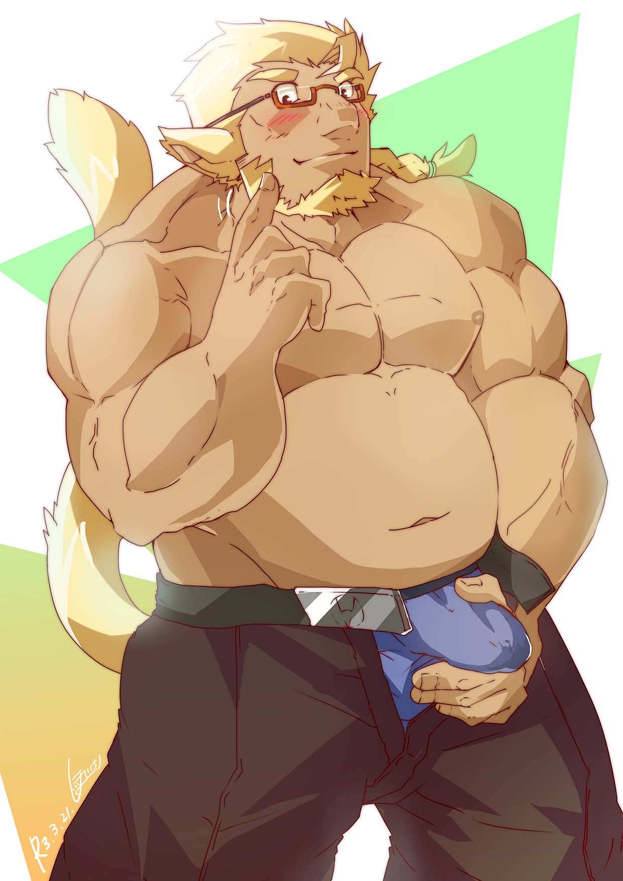 2021 animal_humanoid biped blush bottomwear bulge clothing eyewear glasses hi_res huckle humanoid humanoid_hands kemono live-a-hero male musclegut nipples overweight overweight_male pants shimazanbagu underwear