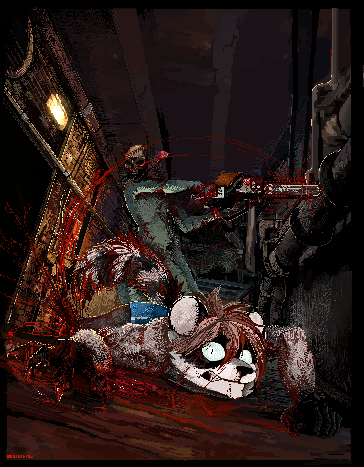 anthro black_body black_fur blood blood_on_clothing blood_on_face blood_on_hand blood_splatter bodily_fluids bone bottomwear brick brick_wall canid canine canis chainsaw claws clothed clothing concrete crawling demon detailed detailed_background digital_media_(artwork) dismemberment duo ears_up fluffy fluffy_tail fur gore holding_object holding_weapon humanoid hybrid inside jeffusherb jumpsuit killing lights long_tail lying male mammal markings monotone_body monotone_fur multicolored_body multicolored_fur pipe pixel_(artwork) power_tool procyonid raccoon sewage shorts skull standing striped_tail stripes tan_body tan_fur teeth tools tunnel undead wall_(structure) weapon white_body white_fur wide_eyed wolf