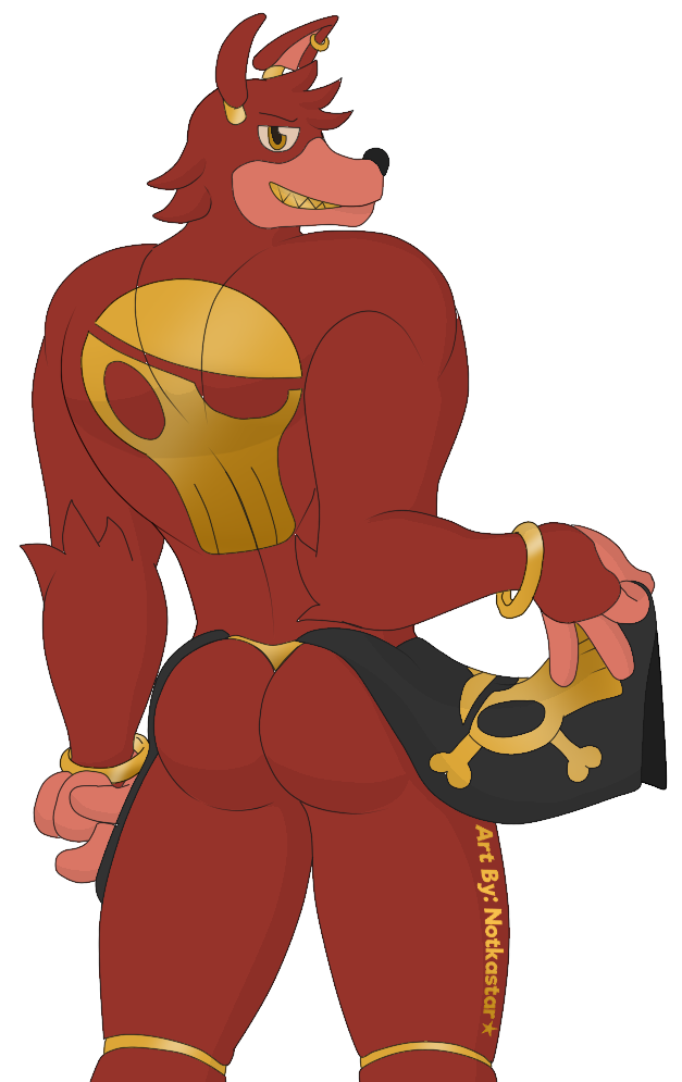 alpha_channel animatronic anthro bone butt clothed clothing ear_piercing ear_ring five_nights_at_freddy's foxy_(fnaf) fur gold_(metal) hair looking_back machine male muscular notkastar piercing pirate robot signature skull smile solo thong underwear video_games