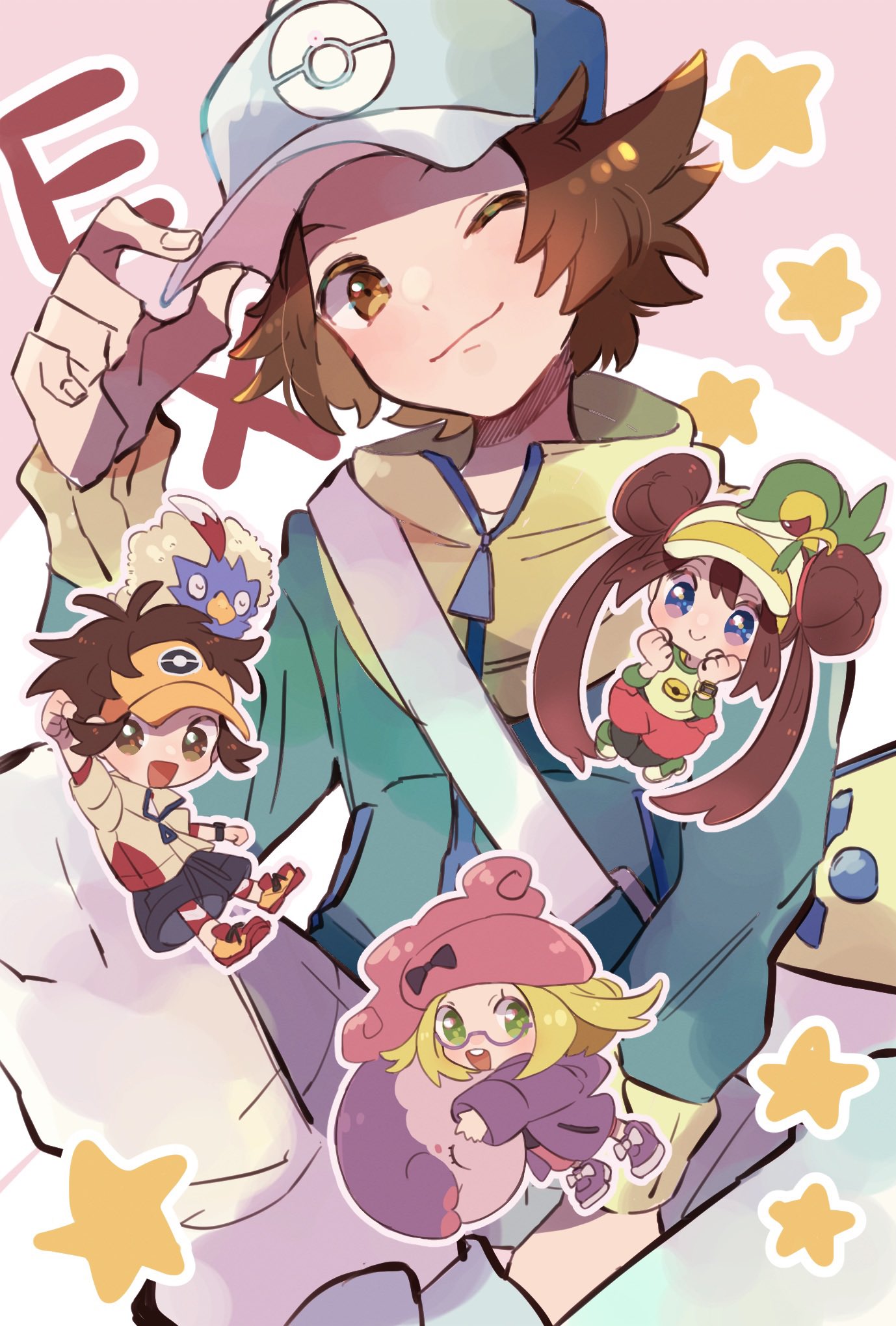 2boys 2girls :d arm_up bangs baseball_cap bianca_(pokemon) blonde_hair blush brown_eyes brown_hair chibi clenched_hands closed_mouth coat commentary_request double_bun eyelashes gen_5_pokemon glasses green_eyes green_jacket hair_tie hand_on_headwear hands_up hat highres hilbert_(pokemon) jacket long_hair multiple_boys multiple_girls musharna nate_(pokemon) ohds101 one_eye_closed open_mouth pokemon pokemon_(creature) pokemon_(game) pokemon_bw pokemon_bw2 purple_coat rosa_(pokemon) rufflet shoes shorts smile sneakers snivy star_(symbol) tied_hair tongue twintails visor_cap zipper_pull_tab