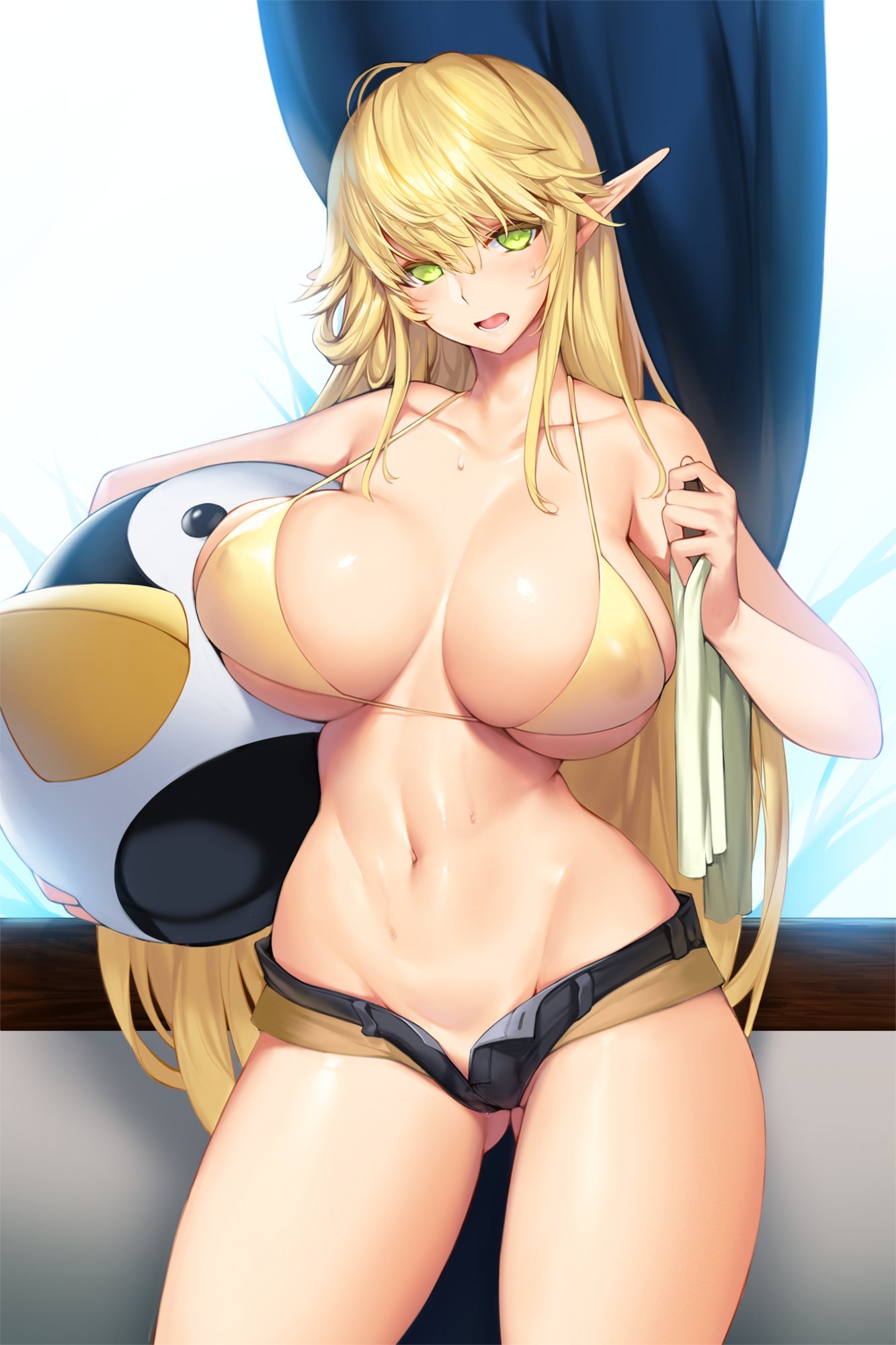 1girl ass_visible_through_thighs bikini bikini_top blonde_hair breasts covered_nipples cowboy_shot curtains elf green_eyes highres inflatable_toy large_breasts long_hair navel open_fly open_mouth pointy_ears shiny shiny_skin shorts snowball22 solo swimsuit sword_girls towel treanna wall window