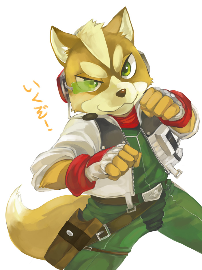 2009 anthro brown_body brown_fur canid canine clothing dipstick_tail fingerless_gloves fox fox_mccloud fur gloves green_eyes handwear jacket male mammal mikami49 multicolored_tail nintendo scarf simple_background smile solo star_fox topwear video_games white_body white_fur