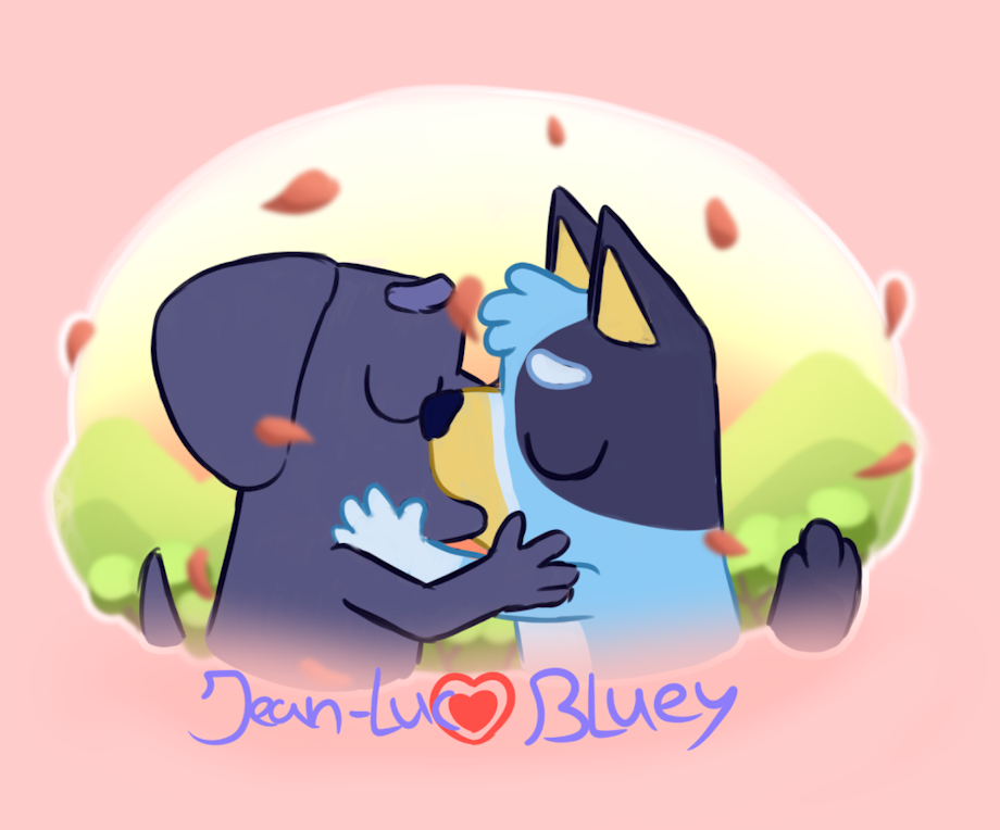 anthro australian_cattle_dog better_version_at_source bird_dog bluey_(bluey) bluey_(show) canid canine canis cattledog domestic_dog duo eyes_closed falling_petals female herding_dog hunting_dog jean_luc_(bluey) kissing labrador love male male/female mammal pastoral_dog petals pink_petals polygon5 retriever