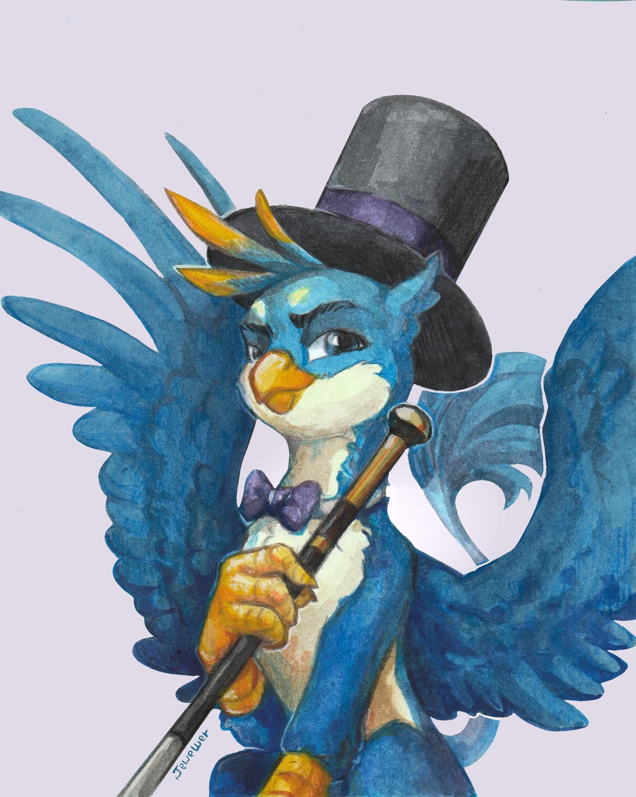 avian bow_tie caine clothing feral friendship_is_magic gallus_(mlp) gryphon hat headgear headwear hi_res jewellier_(artist) looking_at_viewer male my_little_pony mythological_avian mythology simple_background smug solo spread_wings top_hat white_background wings