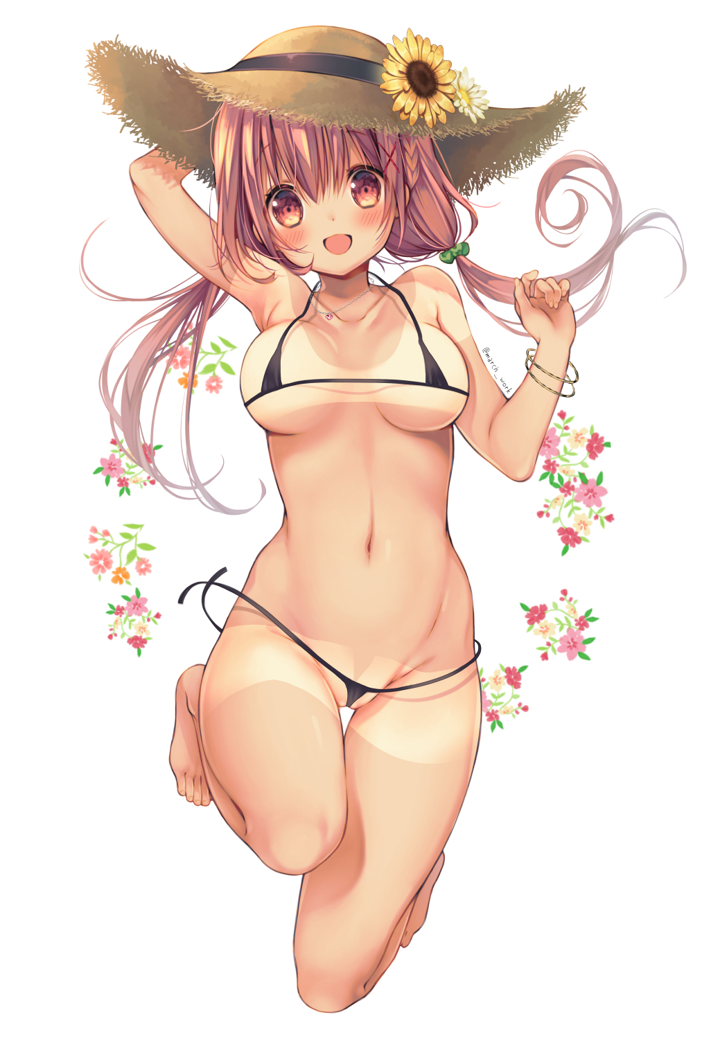 :d bikini bikini_bottom black_bikini blush bracelet braid breasts duplicate flower hat hat_flower highres hinako_note jewelry jumping long_hair loose_bikini march-bunny micro_bikini navel necklace open_mouth pink_hair sakuragi_hinako smile straw_hat swimsuit tan tanline twintails