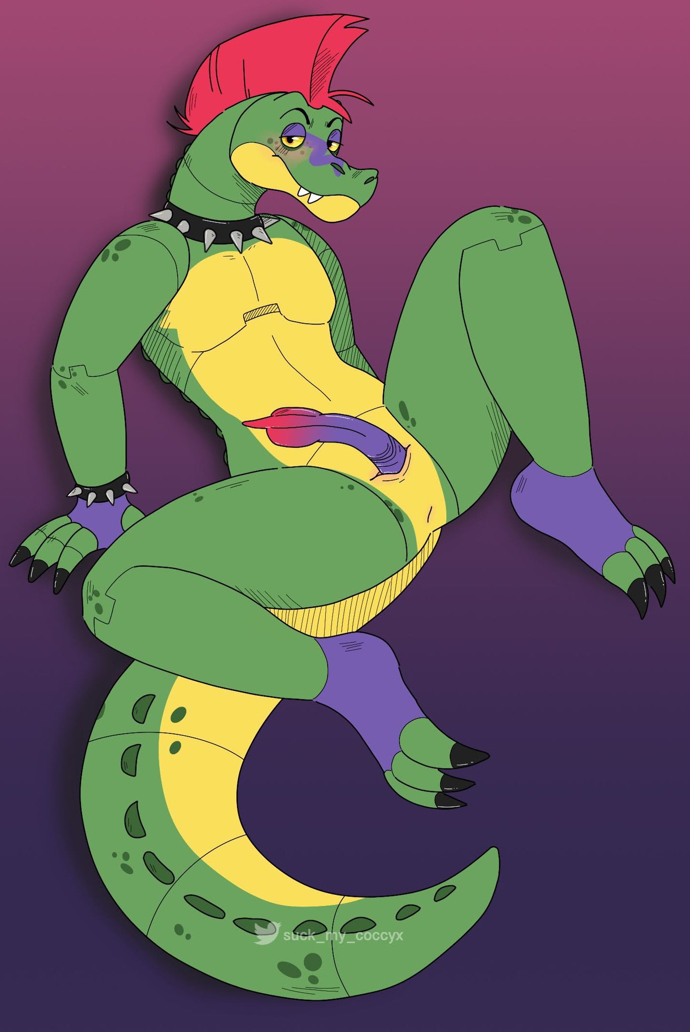 2021 alligator alligatorid animal_genitalia animal_penis animatronic anthro anus barefoot big_tail blush bodypaint bracelet butt claws collar crocodilian erection face_paint feet five_nights_at_freddy's five_nights_at_freddy's:_security_breach frown genital_slit genitals green_body green_nose green_scales green_tail hair half-closed_eyes hi_res jewelry long_tail looking_at_viewer machine male mohawk montgomery_gator_(fnaf) multicolored_body multicolored_penis multicolored_tail narrowed_eyes nude orange_eyes overbite pecs penis plantigrade presenting presenting_anus presenting_hindquarters presenting_penis presenting_slit purple_background purple_penis red_hair red_penis reptile robot rockstar scales scalie sharp_claws sharp_teeth short_hair simple_background sitting slit solo spiked_bracelet spiked_collar spikes spread_legs spreading suckmycoccyx teeth thick_tail thick_thighs toe_claws video_games yellow_body yellow_sclera yellow_slit yellow_tail