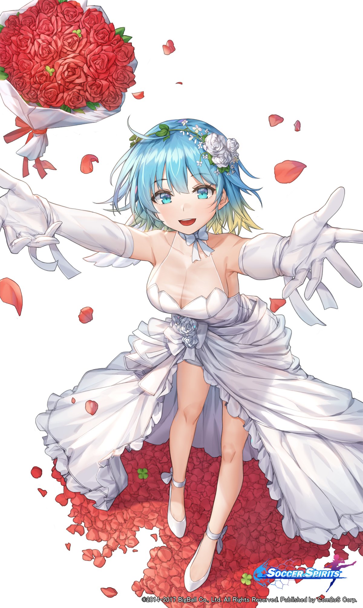 1girl ahoge aqua_eyes bare_shoulders bouquet breasts bride character_request cleavage commentary_request dress elbow_gloves flower gloves gradient_hair hair_flower hair_ornament high_heels highres looking_at_viewer multicolored_hair open_mouth petals piyo_(pixiv_2308057) rose rose_petals short_hair soccer_spirits standing white_background white_dress white_footwear white_gloves