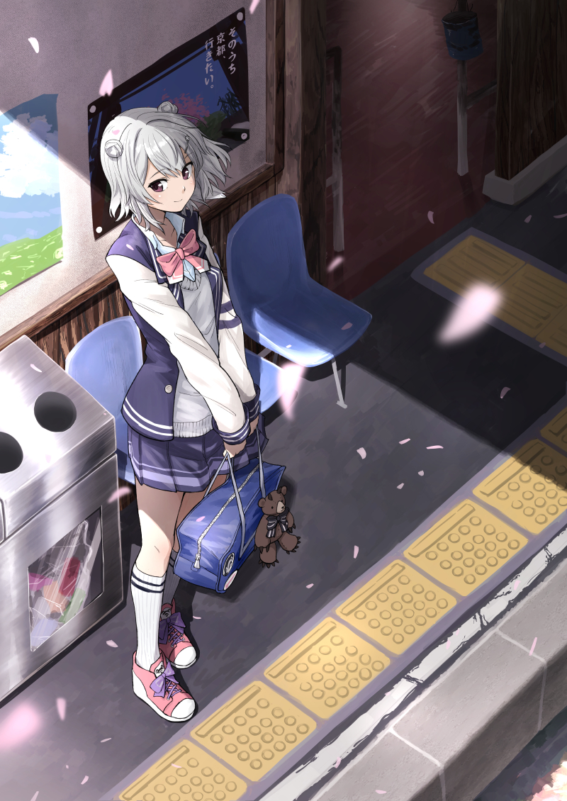 1girl ascot badge bag blazer blue_jacket blue_skirt blurry blurry_foreground cevio chair cherry_blossoms commentary double_bun falling_petals from_above full_body grey_hair grey_sweater hair_ornament hairclip holding holding_bag jacket kneehighs koharu_rikka lakiston miniskirt petals pink_footwear pink_neckwear pirafumodoki pleated_skirt poster_(object) purple_eyes school_uniform shoes short_hair shoulder_bag sideways_glance skirt smile sneakers solo standing stuffed_animal stuffed_toy sweater synthesizer_v tactile_paving teddy_bear train_station trash_can waiting white_legwear