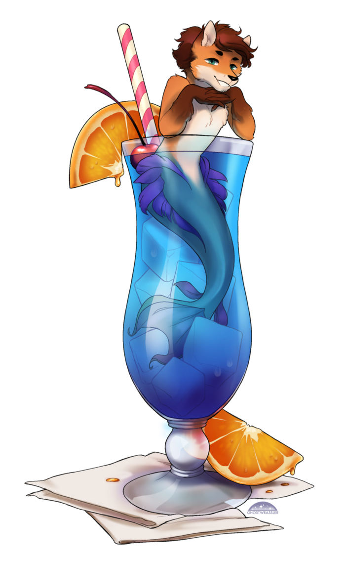 2018 alpha_channel anthro beverage blue_tail brown_body brown_fur brown_hair canid canine countershading fox fur ghost-wrassler glass hair ice_cube looking_at_viewer male mammal marine merfolk micro simple_background smile solo split_form tan_countershading transparent_background xy_merfox