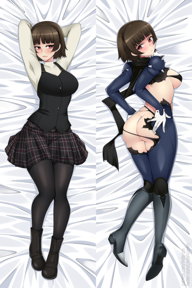 1girl angry arms_behind_head arms_up ass back bangs bed_sheet biker_clothes black_legwear blush bodysuit boots braid breasts brown_hair closed_mouth crown_braid dakimakura_(medium) from_above full_body gloves knees_together_feet_apart lindaroze long_sleeves looking_at_viewer lying medium_breasts miniskirt multiple_views niijima_makoto no_bra no_panties on_back on_stomach pantyhose parted_lips persona persona_5 plaid plaid_skirt red_eyes scarf school_uniform seductive_smile shirt shoulder_spikes shuujin_academy_uniform skirt smile spikes torn_bodysuit torn_clothes turtleneck v-shaped_eyebrows vest watermark web_address