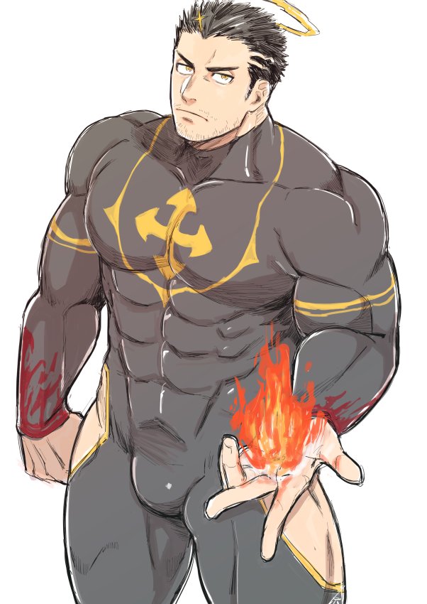 1boy bara black_bodysuit black_hair bodysuit bulge covered_abs covered_navel facial_hair feet_out_of_frame fire from_above halo harada_(basashi) hip_vent large_pectorals looking_at_viewer male_focus mature_male muscular muscular_male short_hair sideburns skin_tight solo stubble thick_thighs thighs tokyo_houkago_summoners yellow_eyes zabaniya_(tokyo_houkago_summoners)