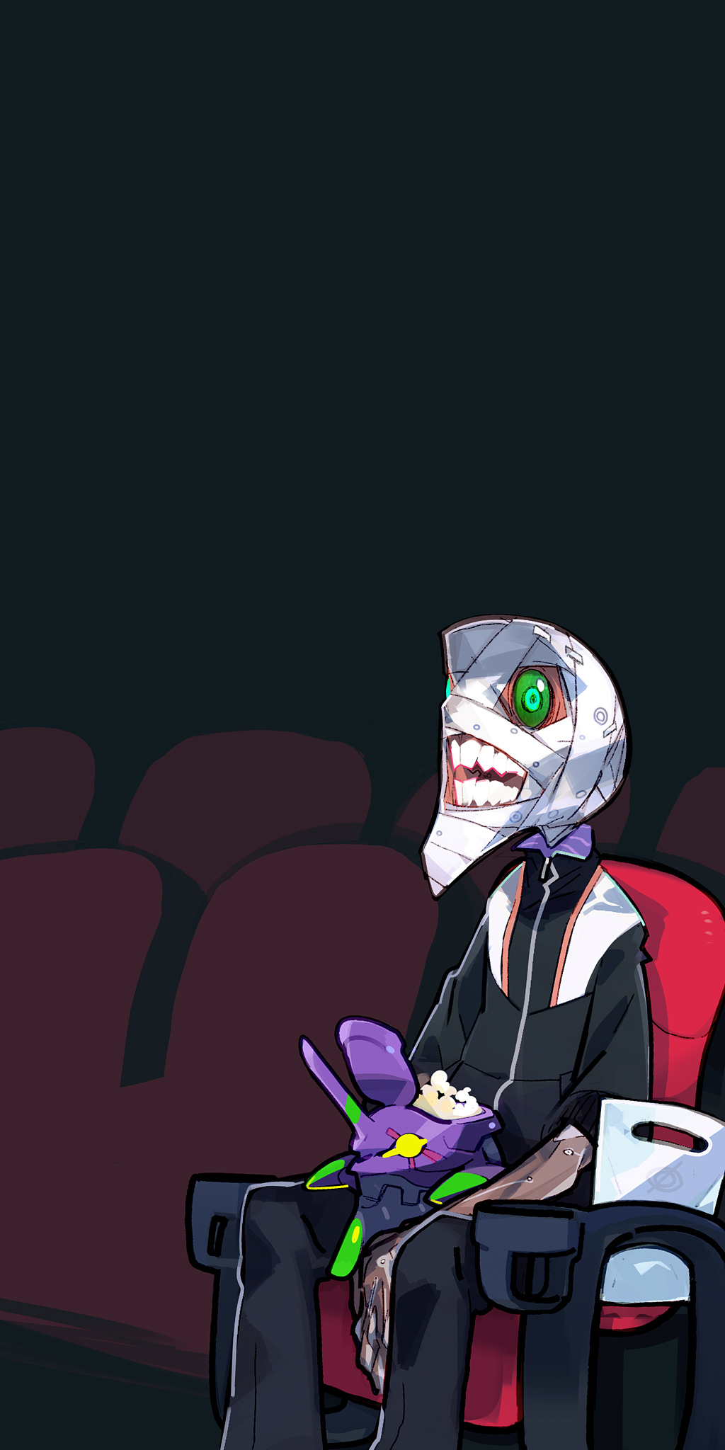 1boy amiami bandages colored_sclera eva_01 food green_eyes green_sclera highres indoors male_focus movie_theater neon_genesis_evangelion open_mouth popcorn seat sitting solo teeth zipper zipper_pull_tab