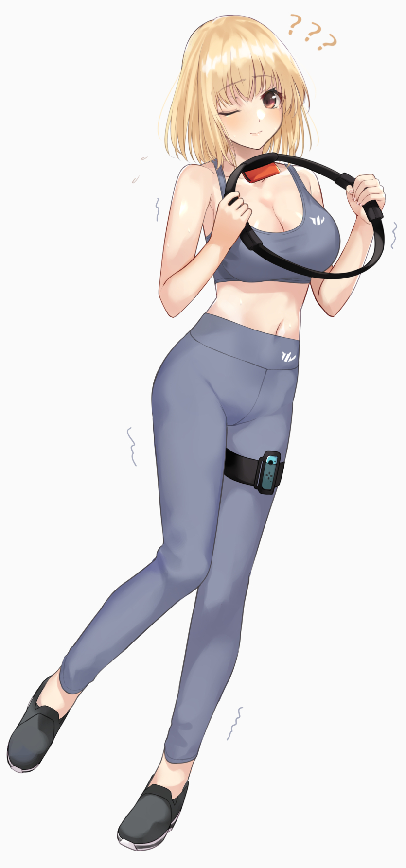 1girl ? black_footwear blonde_hair blue_pants blue_tank_top blush breasts cleavage closed_mouth commentary crop_top exercise eyebrows_visible_through_hair fukuji_mihoko full_body grey_background highres joy-con looking_at_viewer medium_breasts mexifime midriff navel one_eye_closed pants red_eyes ring-con ring_fit_adventure saki shoes short_hair simple_background sleeveless solo standing standing_on_one_leg sweat tank_top thigh_strap tight tight_pants trembling yoga_pants
