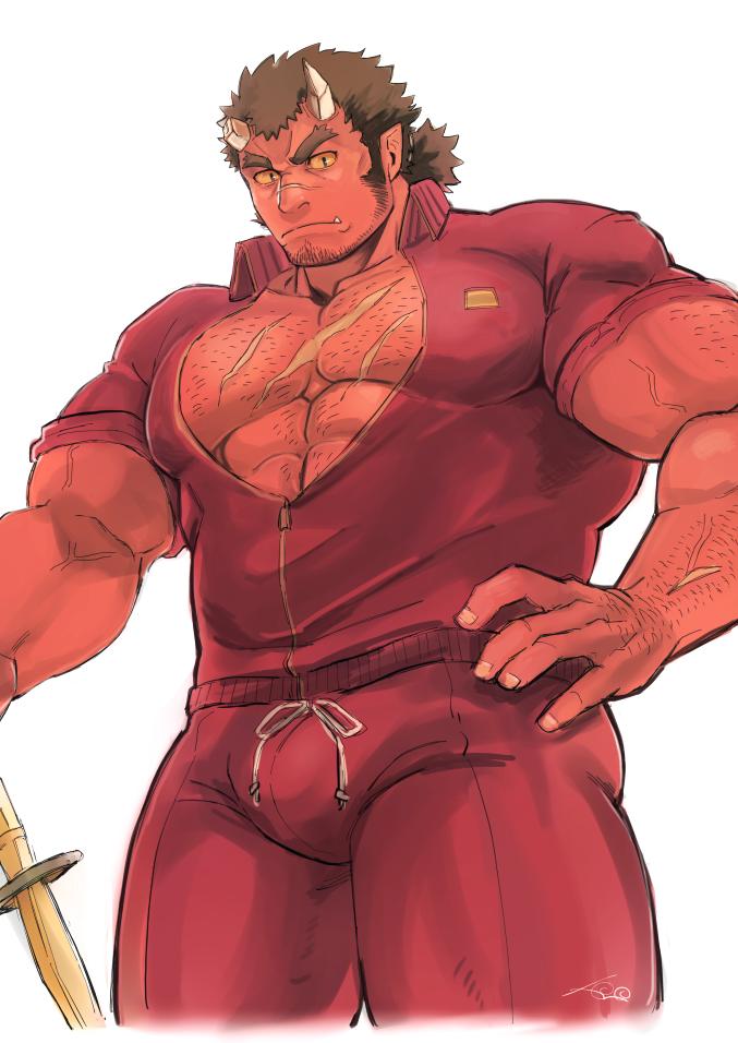 1boy abs alternate_costume arm_hair bara broken_horn bulge chest_hair colored_sclera colored_skin cowboy_shot facial_hair fang hairy harada_(basashi) horns jacket large_pectorals long_sideburns looking_at_viewer male_cleavage male_focus mature_male muscular muscular_male oni_horns open_clothes open_jacket red_jacket red_oni_(tokyo_houkago_summoners) red_skin scar scar_on_chest short_hair sideburns solo stubble thick_eyebrows thick_thighs thighs tied_hair tokyo_houkago_summoners track_jacket yellow_sclera